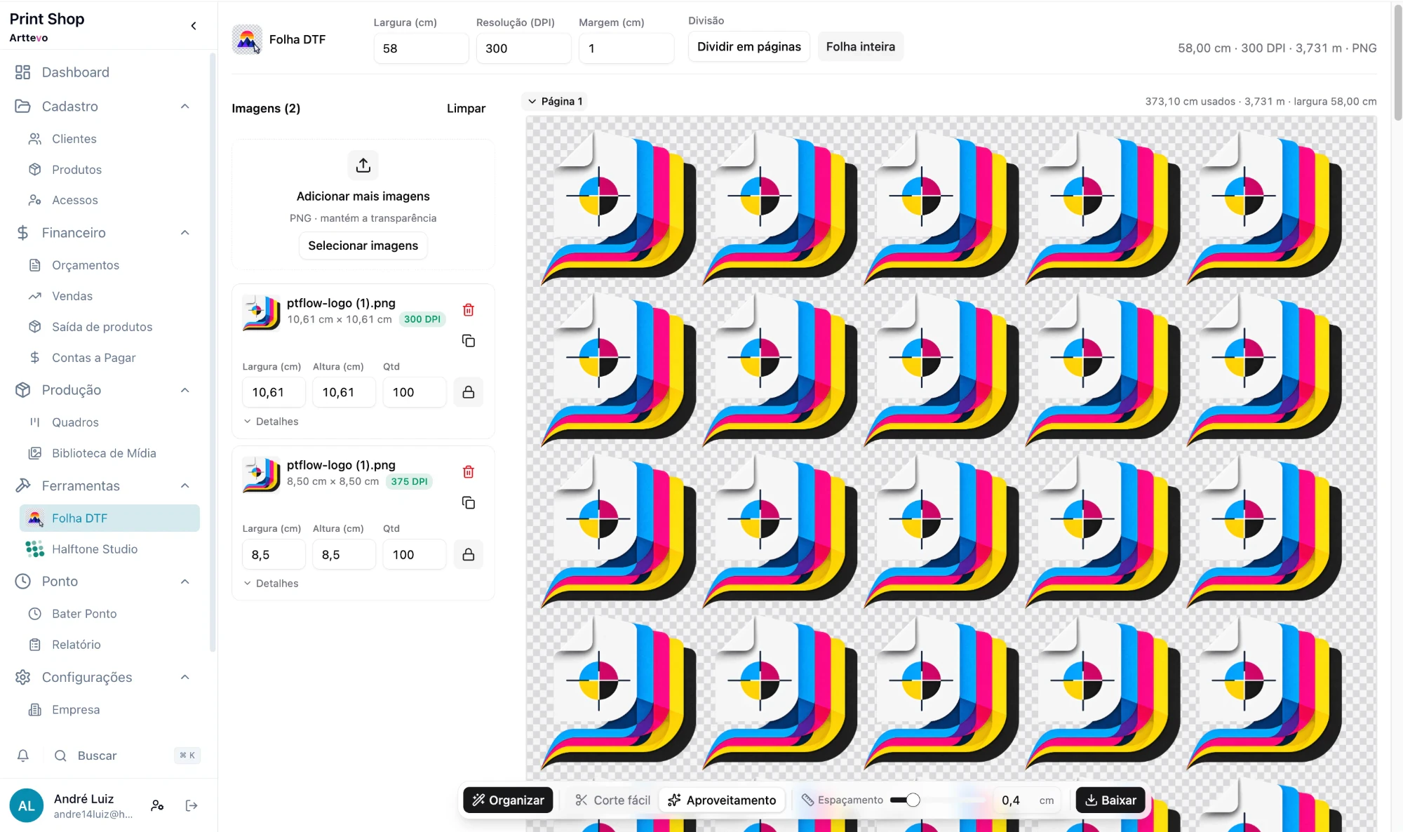 Folha DTF do Arttevo com artes CMYK encaixadas para impressão